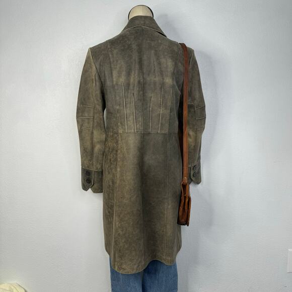 Vintage 90s Distressed Style Leather Trench Coat Button Front Size Medium - Picture 6 of 8